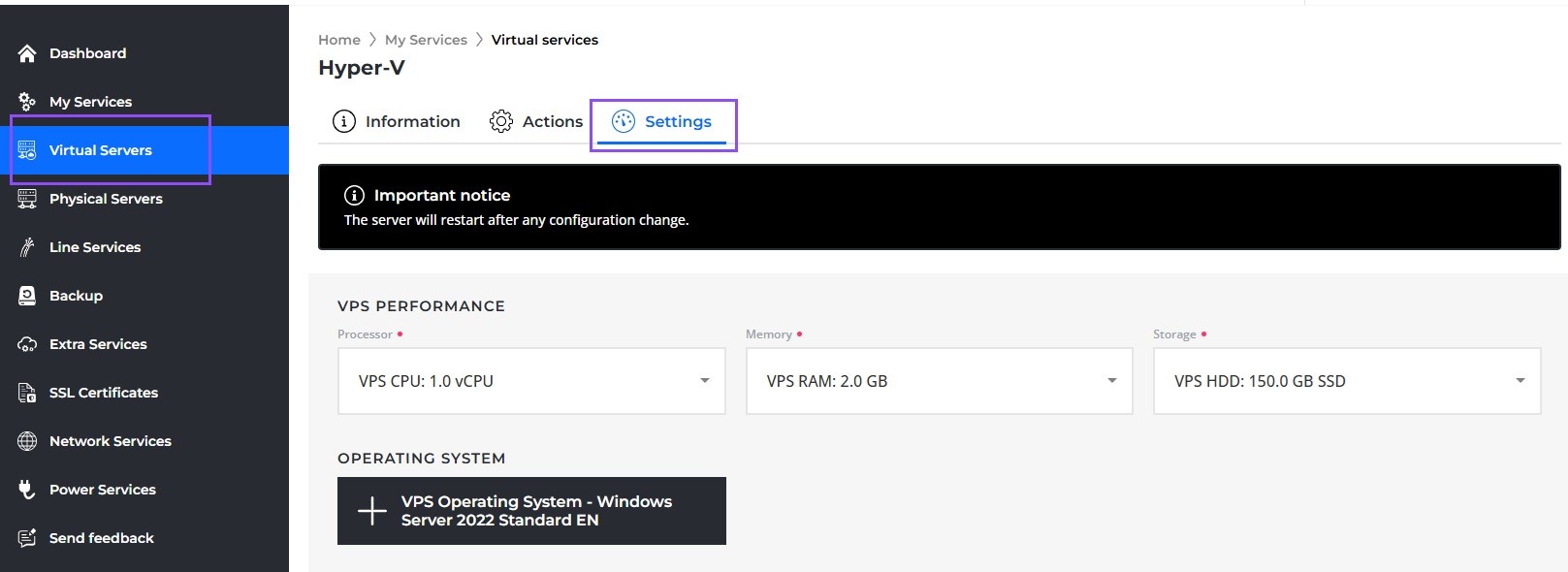 Screenshot of Settings tab in Customer Administration.