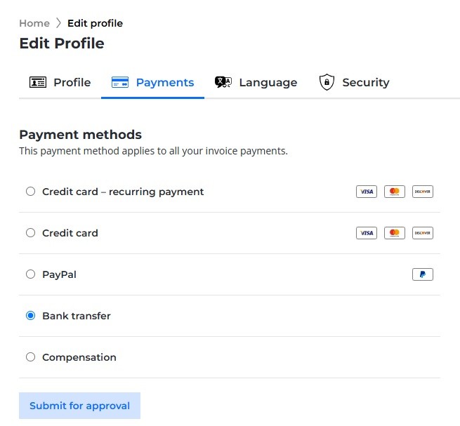 Screenshot of available payment methods in Customer Administration.