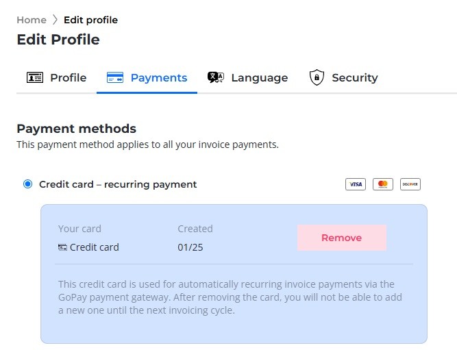 Screenshot of recurring payment method set.