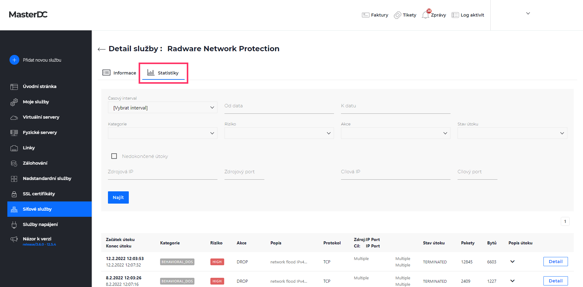 Screenshot: Výběr položky Statistiky v sekci Síťové služby v Zákaznické administraci