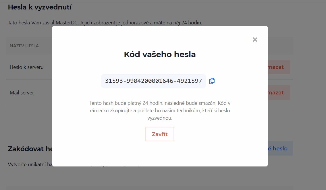 Screenshot – vygenerovaný hash zákazníkova hesla ke sdílení se zaměstnanci MasterDC