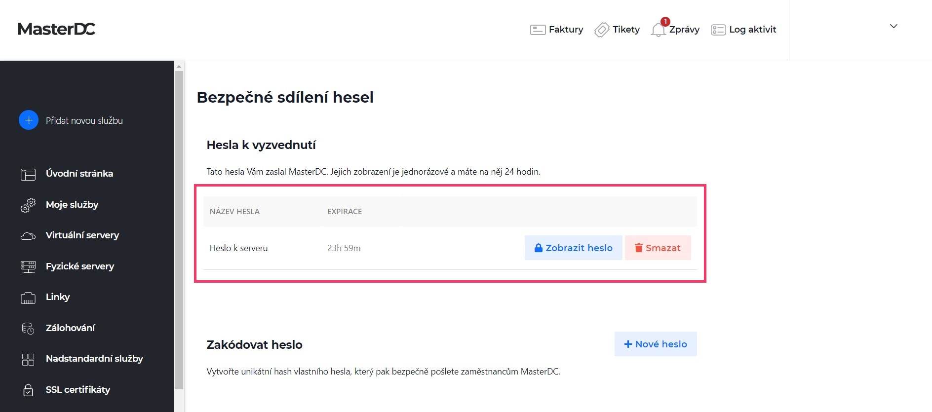 Screenshot – sekce hesel k vyzvednutí