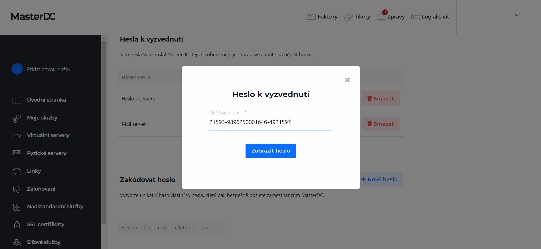 Screenshot – vložení ověřovacího hashe