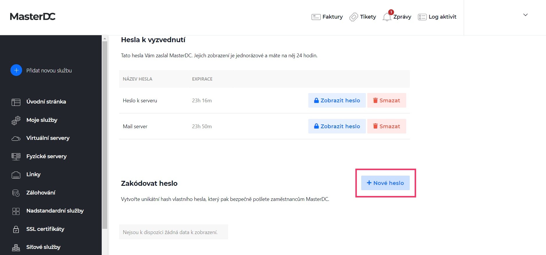 Screenshot – tlačítko +Nové heslo v sekci Zakódovat heslo