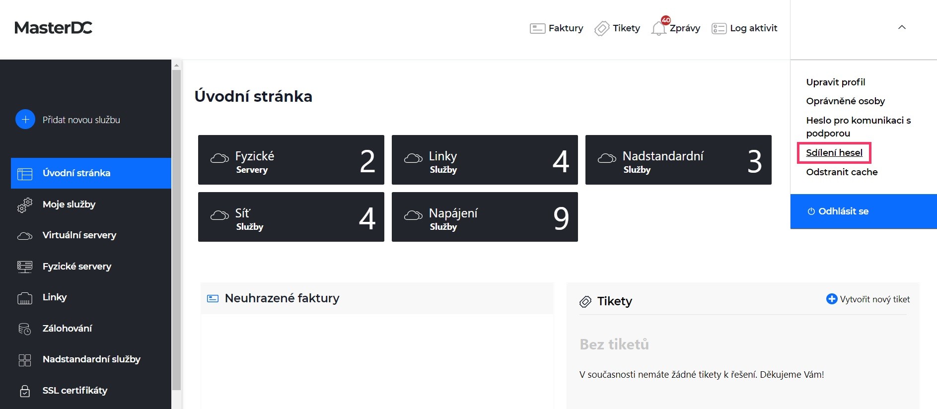 Screenshot – položka Sdílení hesel v Zákaznické administraci