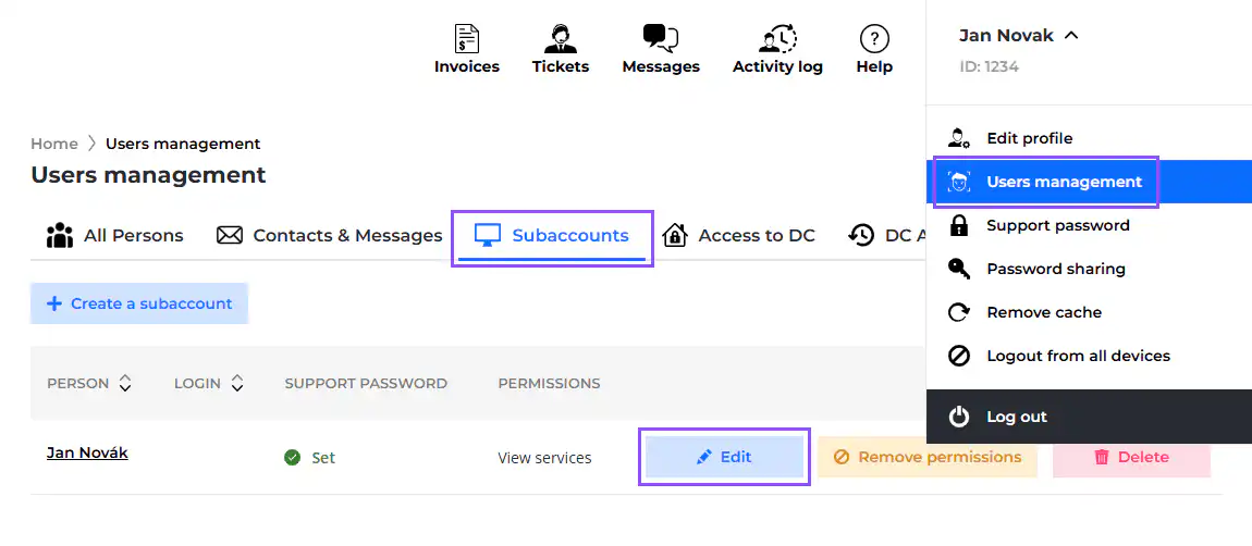 Screenshot of Subaccounts tab in Users management section.