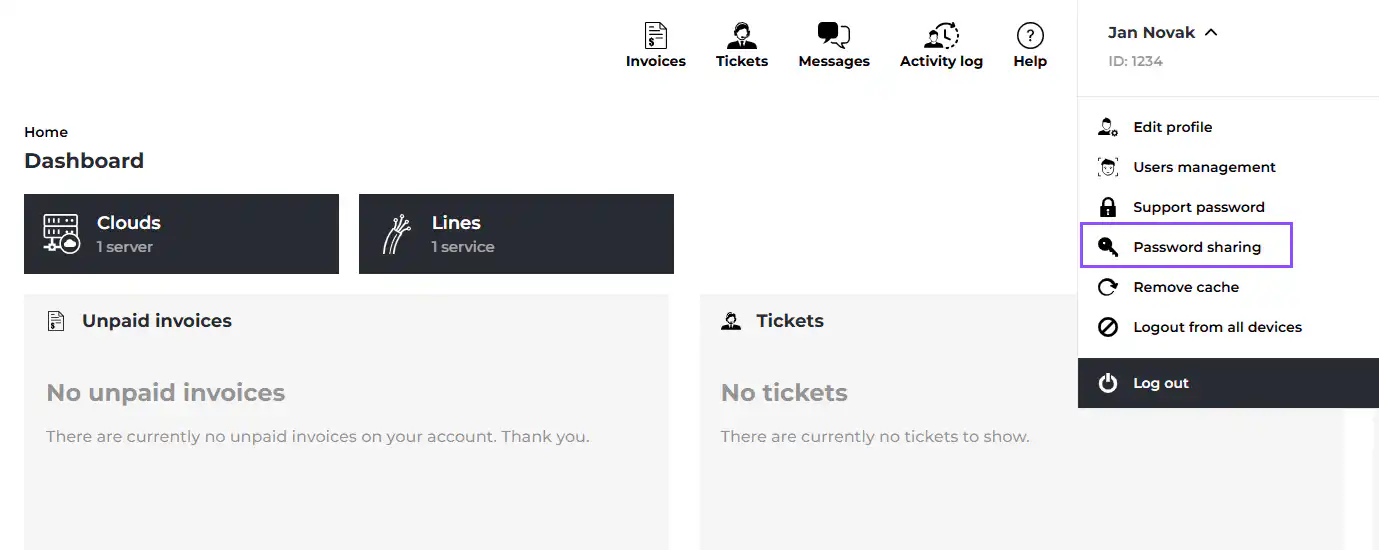 Screenshot of Password sharing option in Customer Administration.