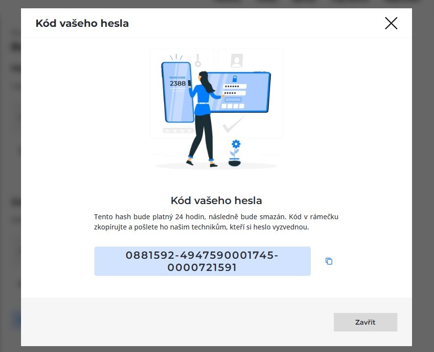 Screenshot okna s vygenerovaným hashem pro bezpečné předání hesla.