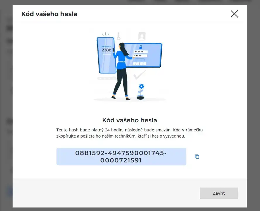 Screenshot okna s vygenerovaným hashem pro bezpečné předání hesla.