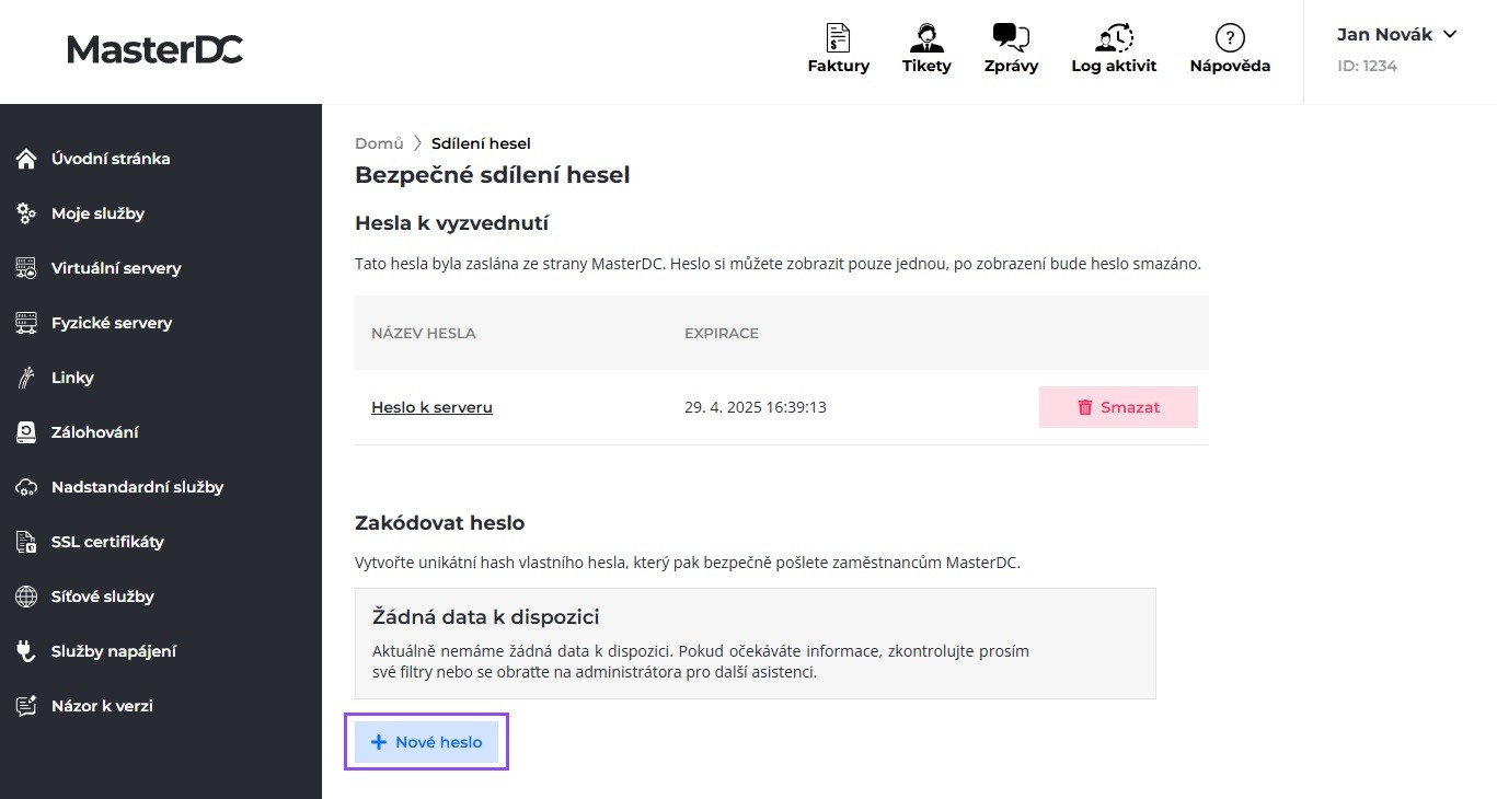Screenshot tlačítka Nové heslo v sekci Zakódovat heslo pro Sdílení hesel.