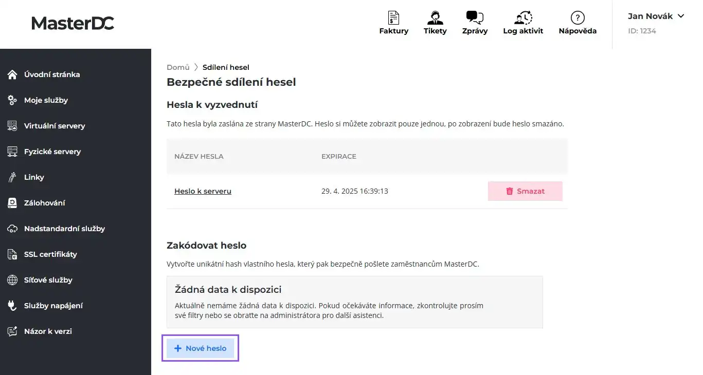Screenshot tlačítka Nové heslo v sekci Zakódovat heslo pro Sdílení hesel.