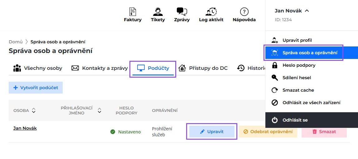 Screenshot záložky Podúčty v sekci Správa osob a oprávnění, kde lze přidat přístup ke sdílení hesel konkrétní osobě.