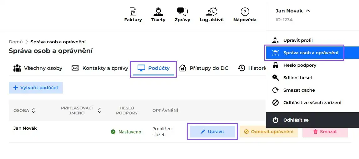 Screenshot záložky Podúčty v sekci Správa osob a oprávnění, kde lze přidat přístup ke sdílení hesel konkrétní osobě.