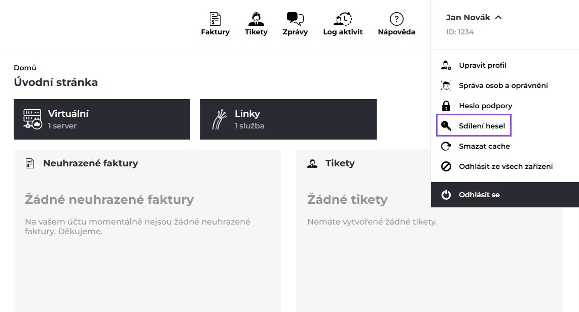 Screenshot výběru položky Sdílení hesel z rozbalovacího menu.