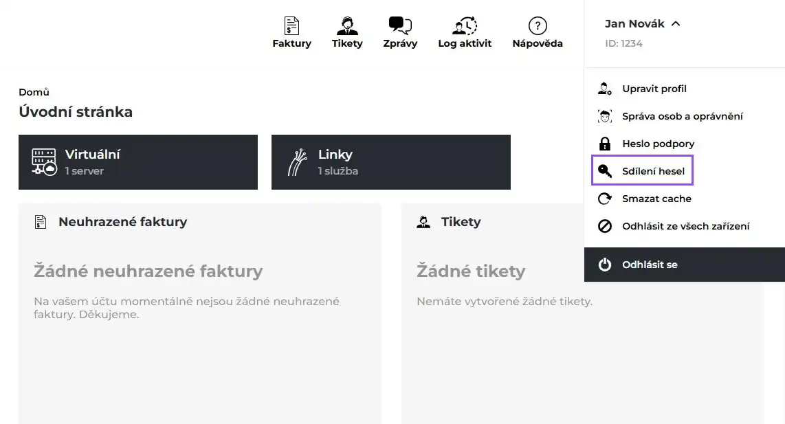 Screenshot výběru položky Sdílení hesel z rozbalovacího menu.