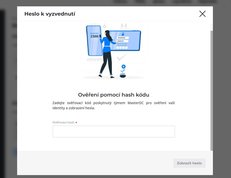 Screenshot obrazovky pro zadání ověřovacího hashe pro zobrazení hesla.