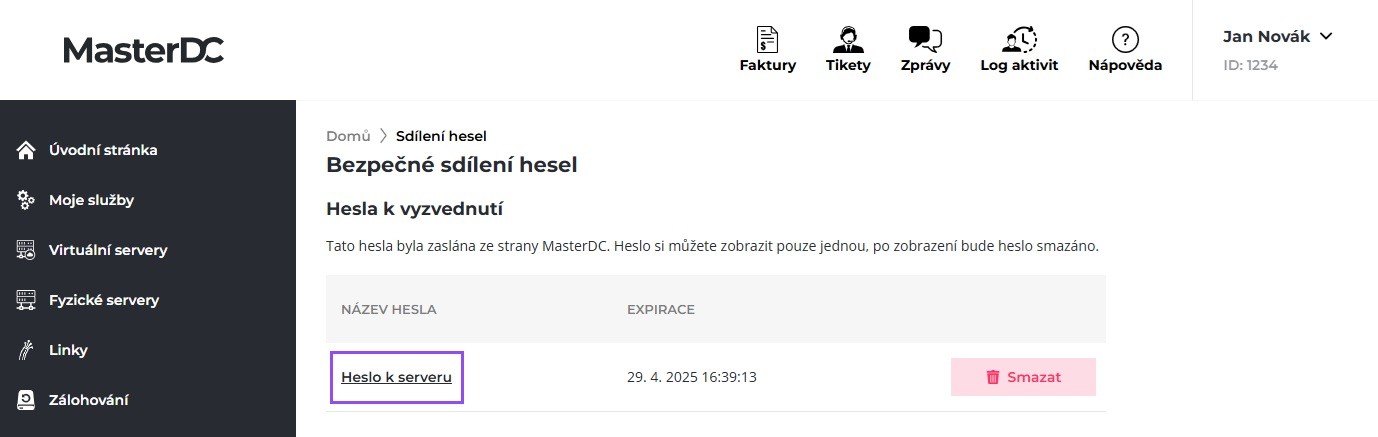 Screenshot seznamu hesel k vyzvednutí.