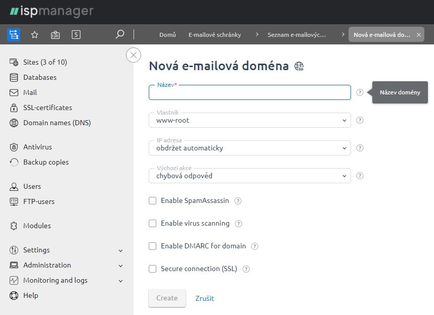 Screenshot nastavení zabezpečení mail serveru při vytváření domény v ISPmanageru