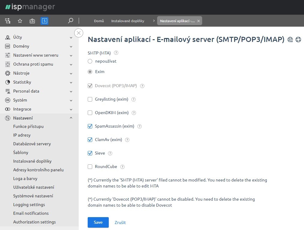 Screenshot nastavení zabezpečení mail serveru v ISPmanageru