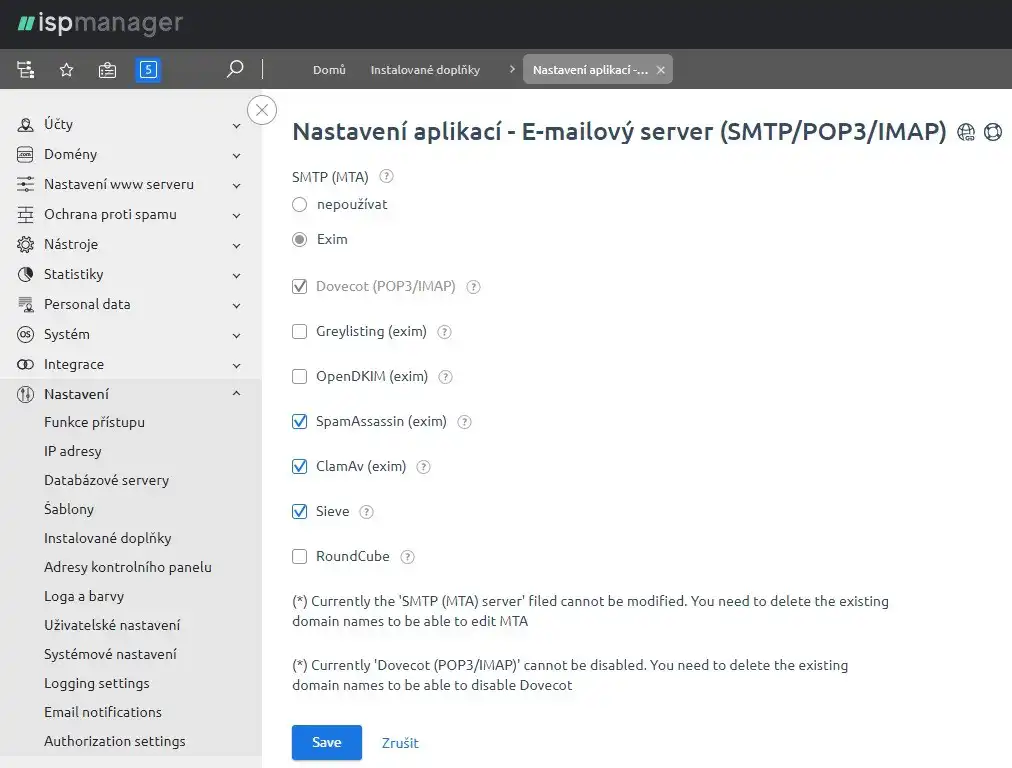 Screenshot nastavení zabezpečení mail serveru v ISPmanageru
