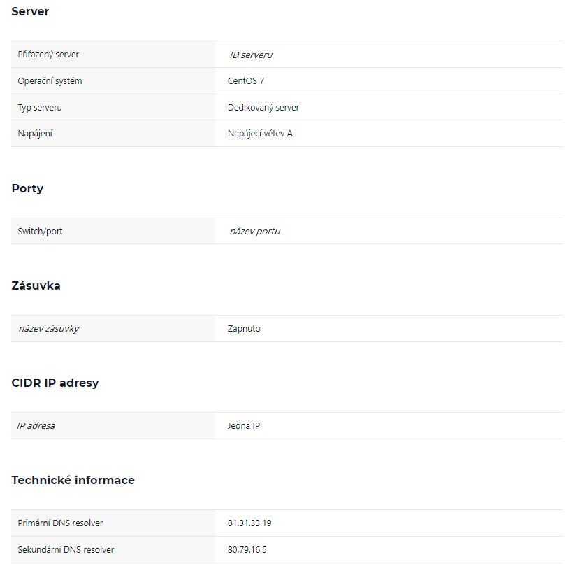 Screenshot podrobností o serveru v Zákaznické administraci; Detail serveru, záložka Informace.