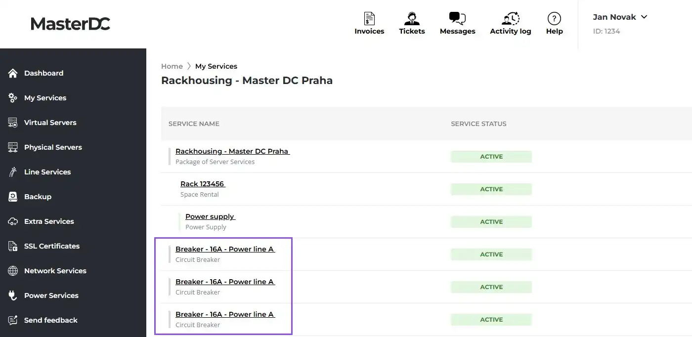 Screenshot of Customer Administration: information about power branch at the service tree level.