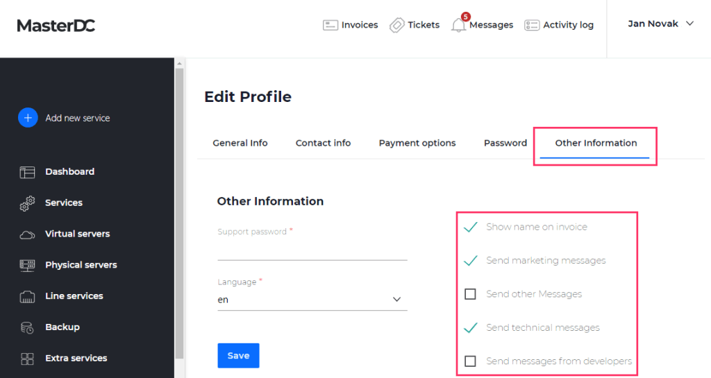 Screen shot of message forwarding settings in the Customer Administration system.