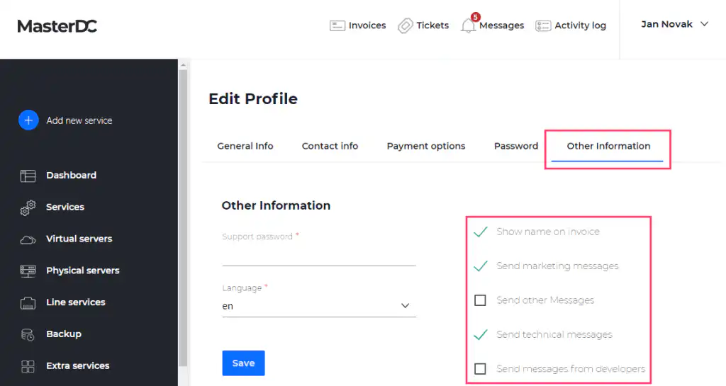 Screen shot of message forwarding settings in the Customer Administration system.