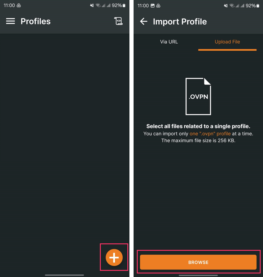 Screenshot zobrazuje, jak přidat nový konfigurační soubor do aplikace OpenVPN v zařízení s Android.