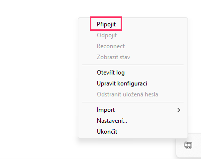 Screenshot zobrazuje možnost Připojit při nastavení OpenVPN u Windows.