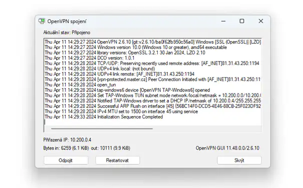 Screenshot zobrazuje příklad konfigurace po úspěšném připojení k OpenVPN z Windows.