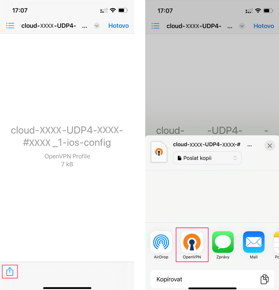 Screenshot demonstruje, jak nasdílet konfigurační soubor v zařízení s iOS do aplikace OpenVPN.