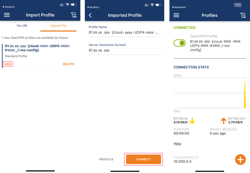 Obrázek tří screenů, které zobrazují, jak se připojit k síti přes OpenVPN za pomocí importovaného konfiguračního souboru v zařízení s iOS.