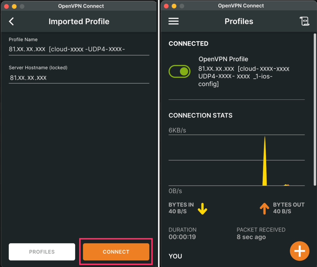 Screenshot zobrazuje finální připojení k síti přes OpenVPN klient v zařízení s macOS.