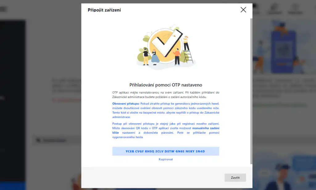Screenshot Zákaznické administrace: Potvrzení nastavení přihlašování pomocí OTP a zobrazení záložního kódu pro nouzové obnovení přístupu.