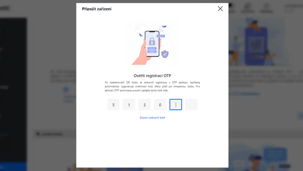 Screenshot Zákaznické administrace: vložení ověřovacího kódu pro dokončení registrace nového zařízení.
