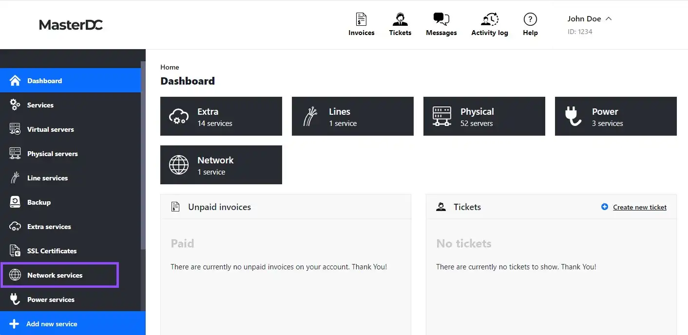 Screenshot from Customer Administration: selecting the "Network Services" menu item.