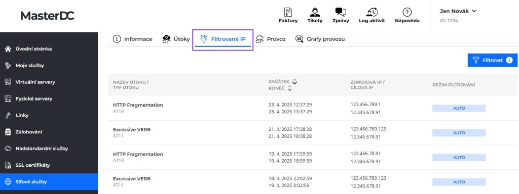 Screenshot filtrovaných IP ve statistikách provozu služby AntiDDoS.