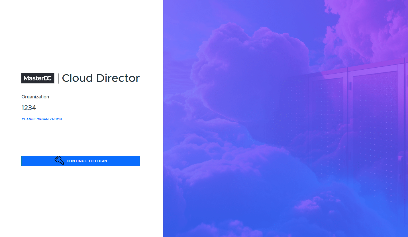 Screenshot stránky organizace v rámci Cloud Directoru MasterDC a pokračování na přihlášení.