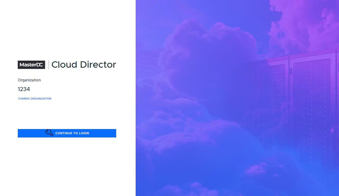 Screenshot of the organization page in Cloud Director MasterDC and continuation to login.