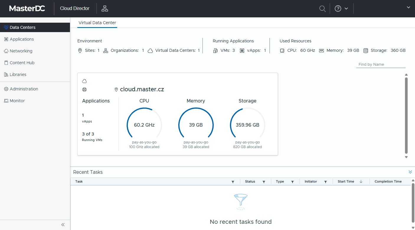 Screenshot domovské stránky po úspěšném přihlášení do Cloud Directoru.
