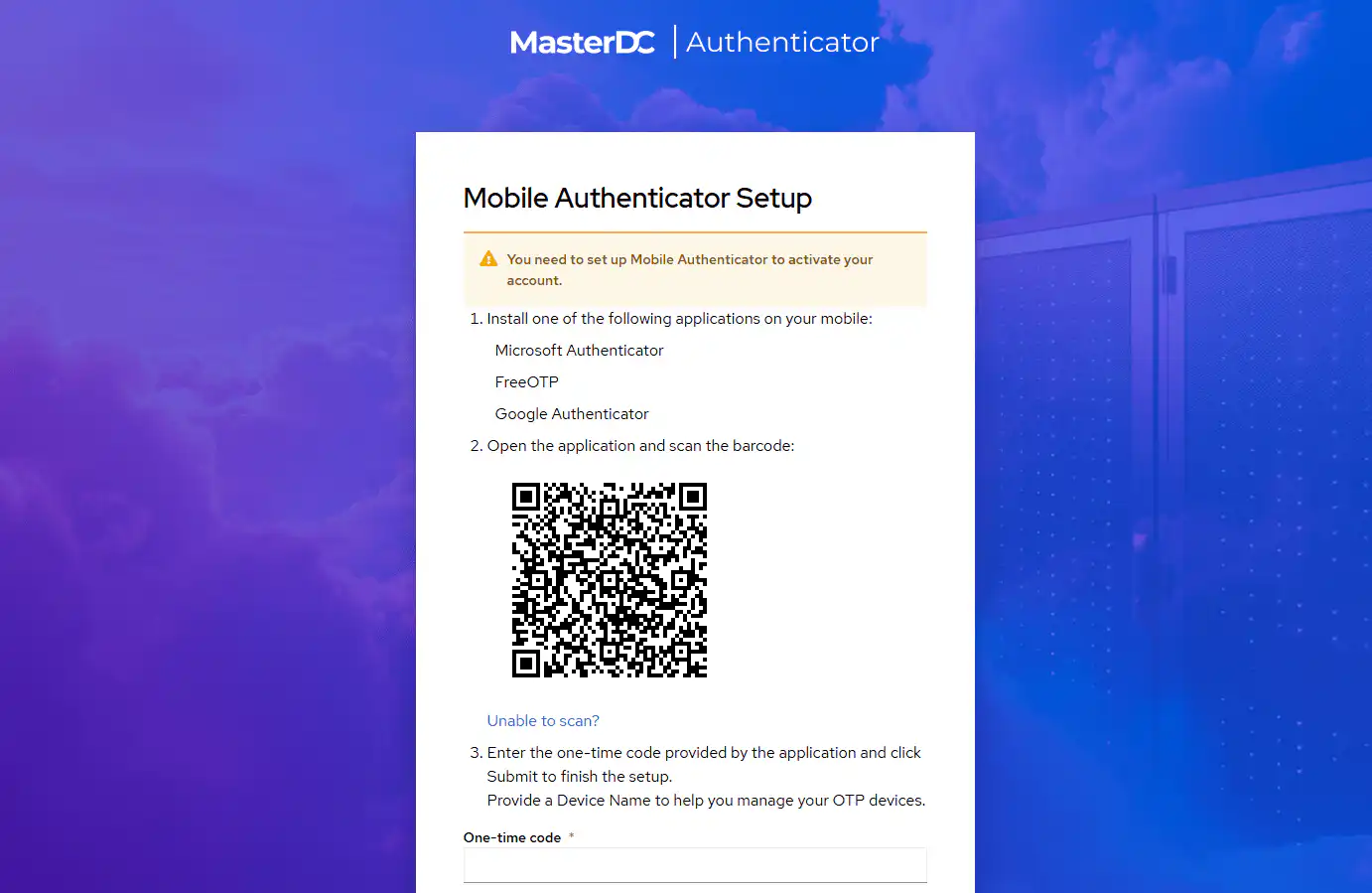 Screenshot of the window with a QR code for connecting a device to two-factor authentication.