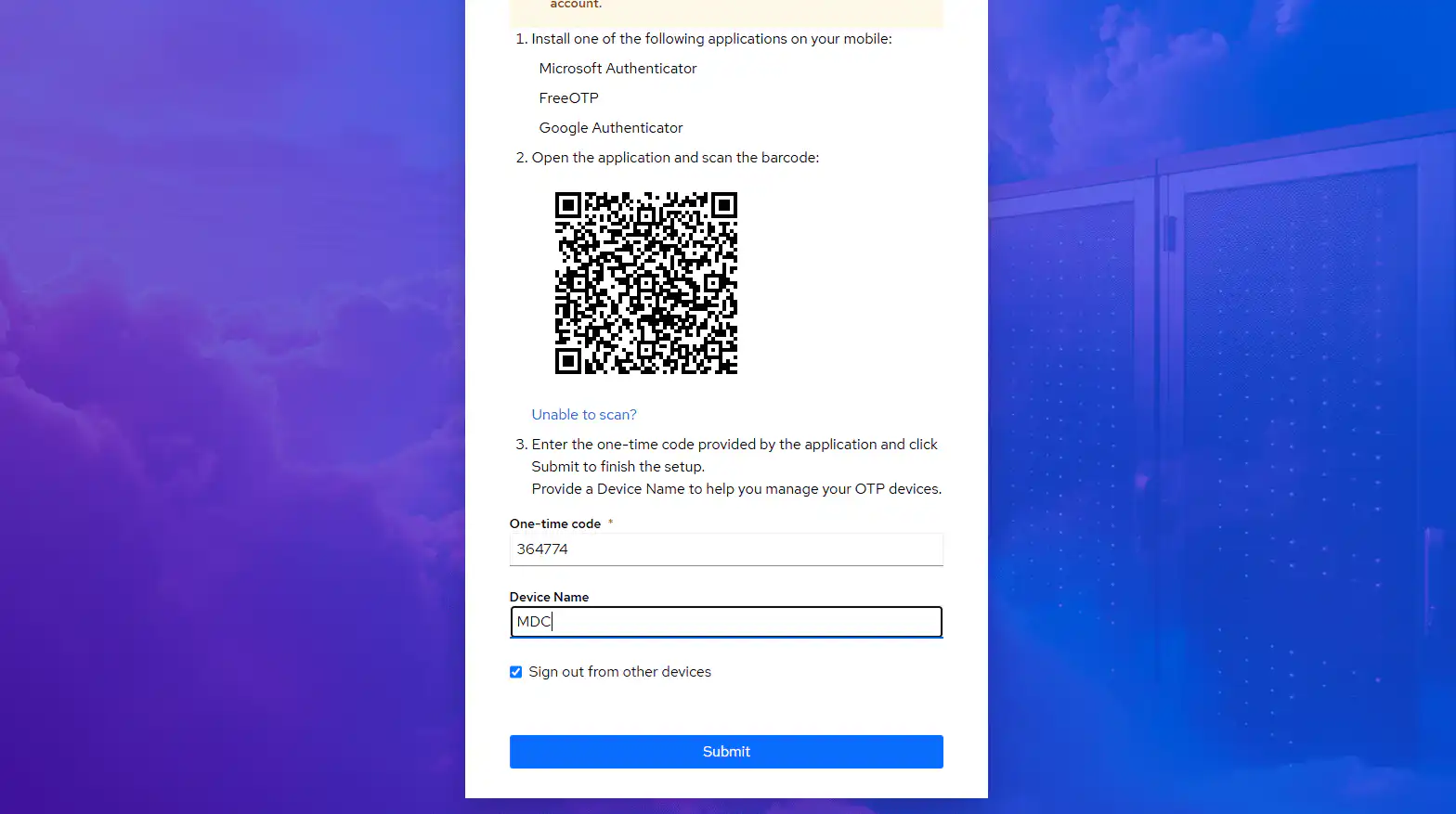 Screenshot of entering a one-time password from the OTP app into the MasterDC verification application.